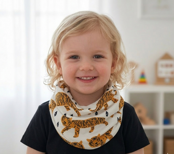 Child wearing a black shirt with a tiger patterned bib, smiling in a bright room.