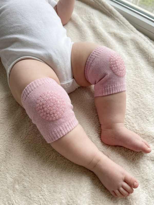 Baby wearing pink knitted knee pads on a beige surface