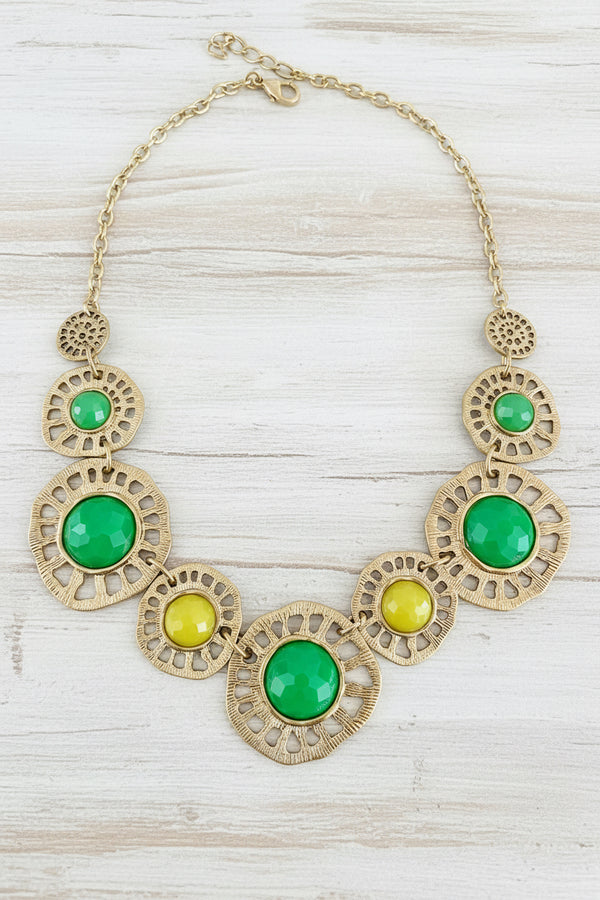 Green + Yellow design medallion statement gold necklace