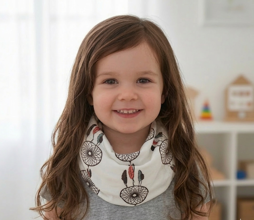 Child wearing a bib with dreamcatcher design in a home setting