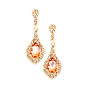 Rose gold earrings with orange teardrop-shaped gemstones on a white background