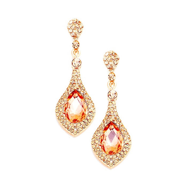 Rose gold earrings with orange teardrop-shaped gemstones on a white background
