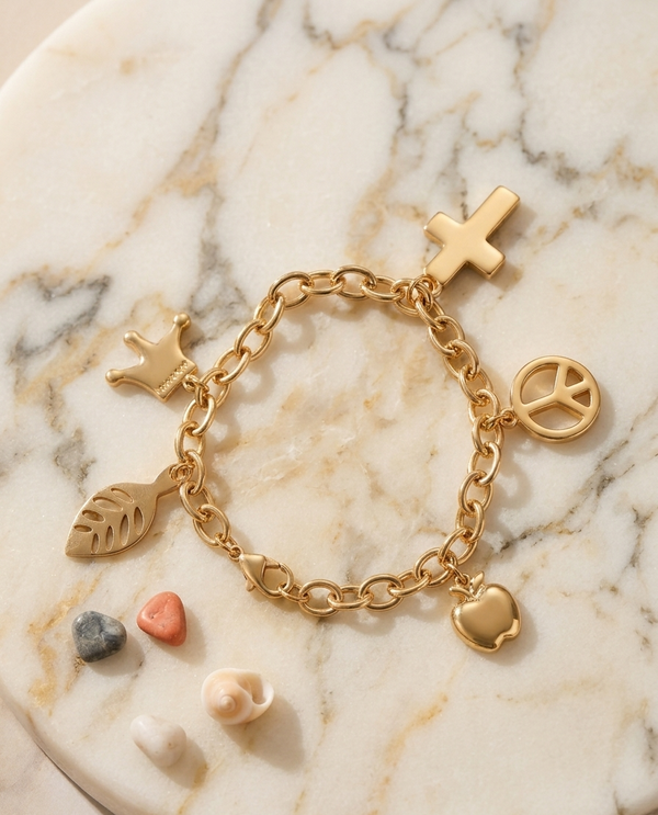 Gold charm bracelet on a marble surface