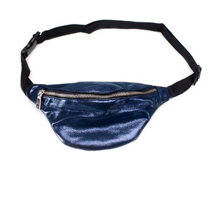 Blue velvet fanny pack with a black strap on a white background