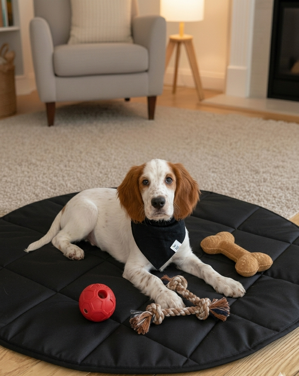 Dog lying on a black mat with toys in a cozy living room.