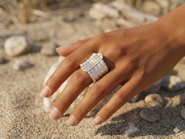 Hand wearing a silver ring with a textured band against a natural background