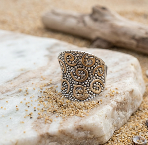 Decorative silver ring on a rock with sand and driftwood in the background