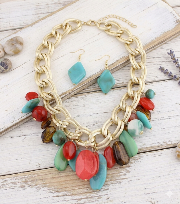 Colorful Beads Chunky Chain Necklace Earrings Set
