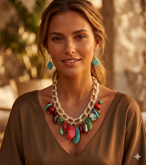 Woman wearing a colorful necklace and earrings with a blurred outdoor background