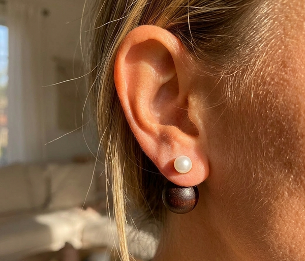 Close-up of an ear wearing a pearl earring with a blurred indoor background