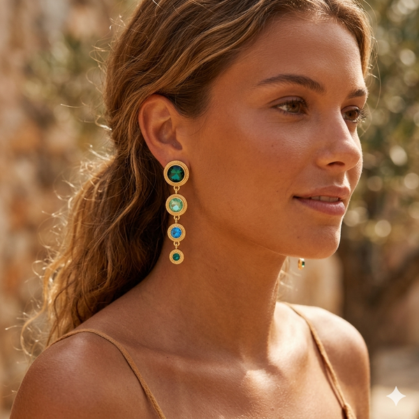 Woman wearing gold earrings with green and blue gemstones against a blurred natural background