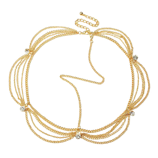 Gold necklace with multiple strands on a light gray background