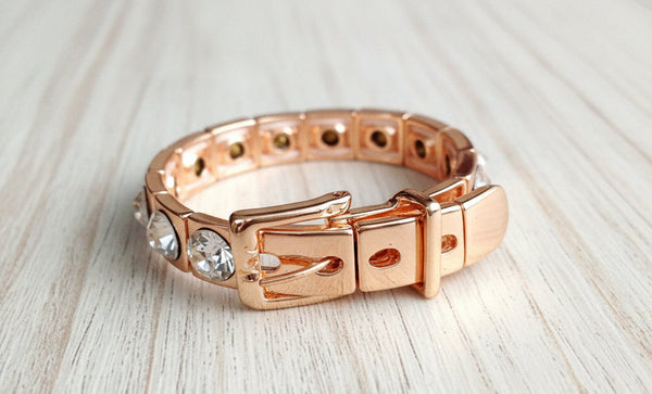 Rose Gold Buckle Stretch Bracelet with Crystals – Chic Statement Jewelry for Women
