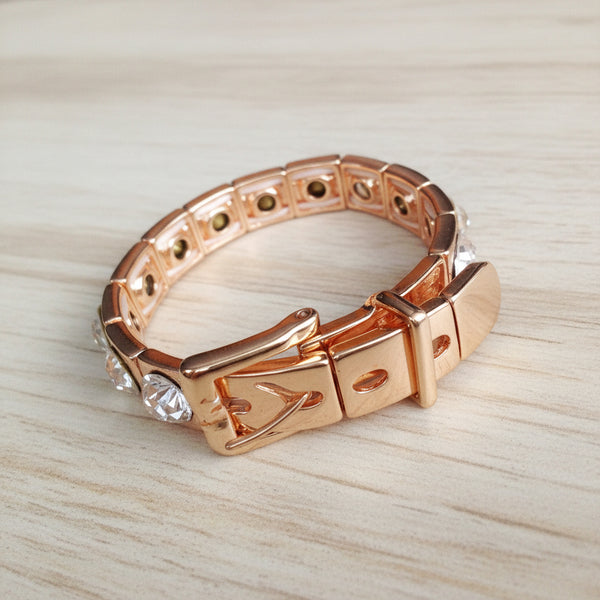 Rose Gold Buckle Stretch Bracelet with Crystals – Chic Statement Jewelry for Women