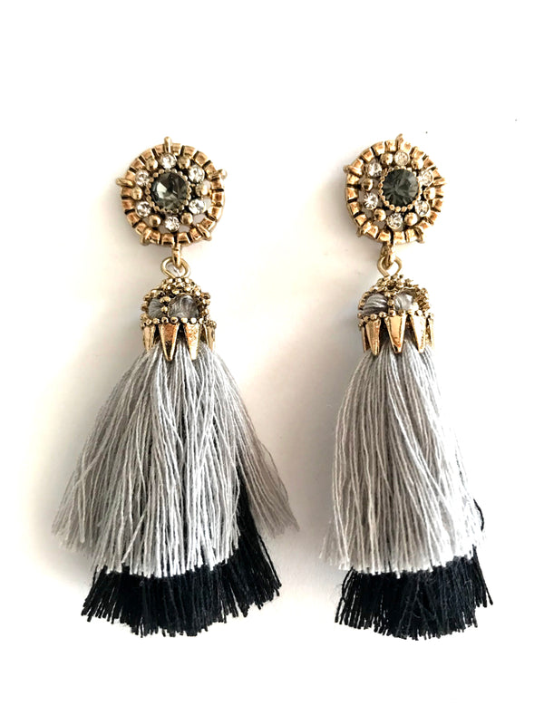 Black Grey Tassel Drop Earrings