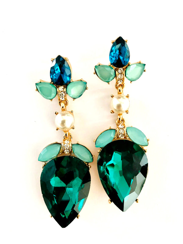 Green teardrop earrings with gold accents on a white background