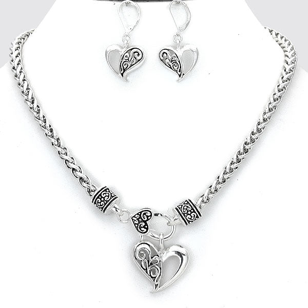 imeless Heart Charm Wheat Chain Necklace earrings set