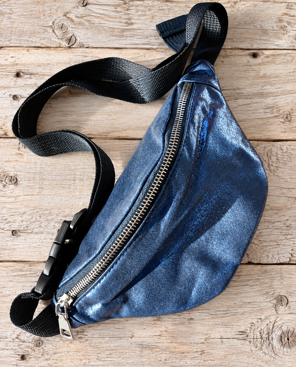 Metallic Navy Blue Vegan Leather Fanny Pack — 6 x 4 Inch