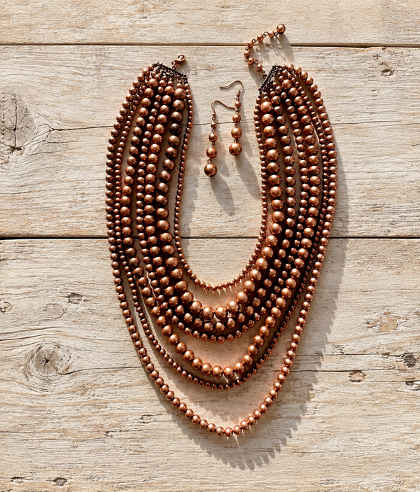 Antiqued Copper Multi-Strand Bib Statement Necklace & Earrings Set