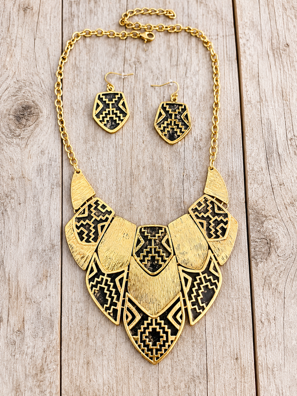 Tribal Cut out Gold Statement Necklace Earrings Set