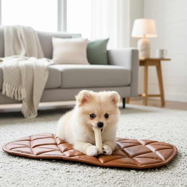 Small dog on a brown quilted mat in a living room.