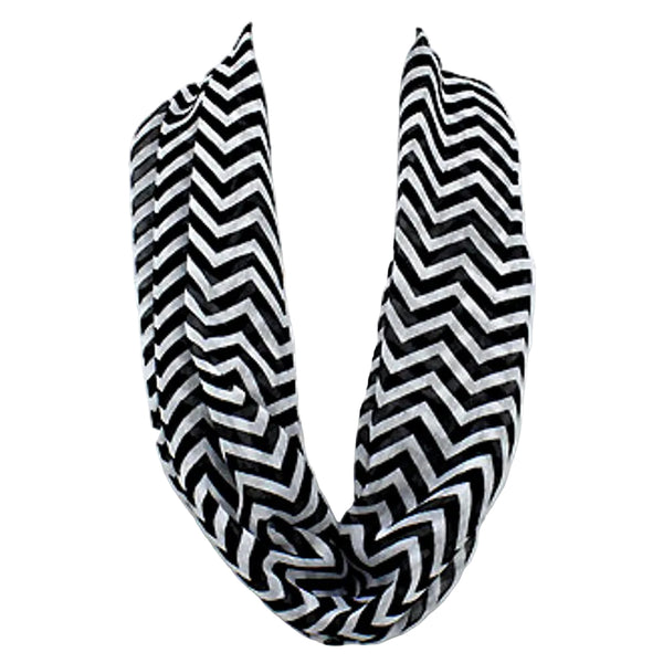 Black and white chevron patterned infinity scarf on a mannequin.