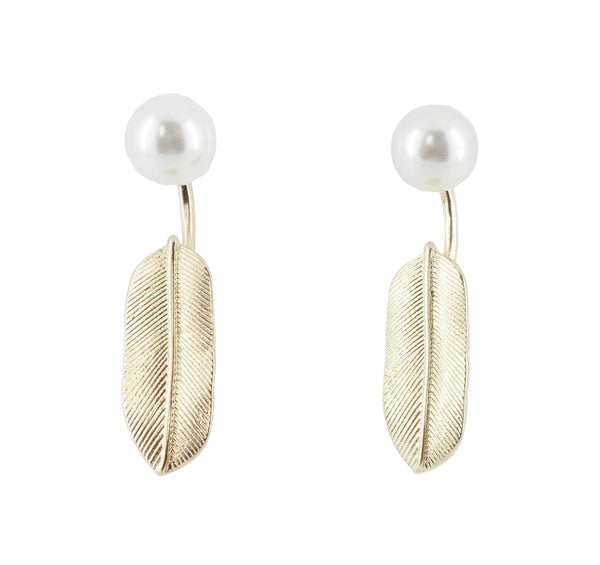 Gold feather-shaped earrings on a white background