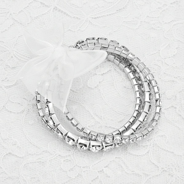 3-Row Sparkling Rhinestone Stretch Bracelet with Removable Organza Bow