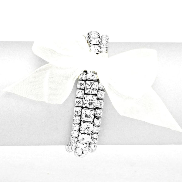 3-Row Sparkling Rhinestone Stretch Bracelet with Removable Organza Bow