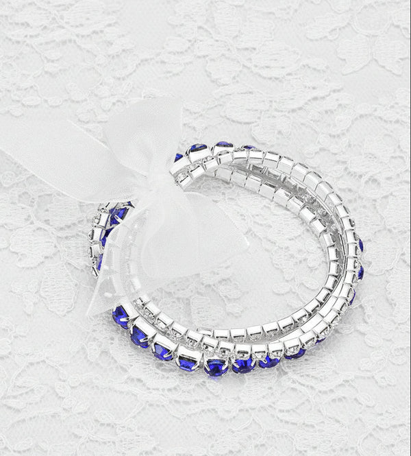 3-Row Clear & Blue Rhinestone Stretch Bracelet with Removable Organza Bow