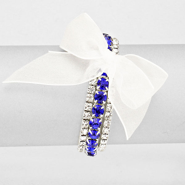 3-Row Clear & Blue Rhinestone Stretch Bracelet with Removable Organza Bow