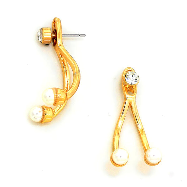 Gold earrings with pearl-like beads on a white background