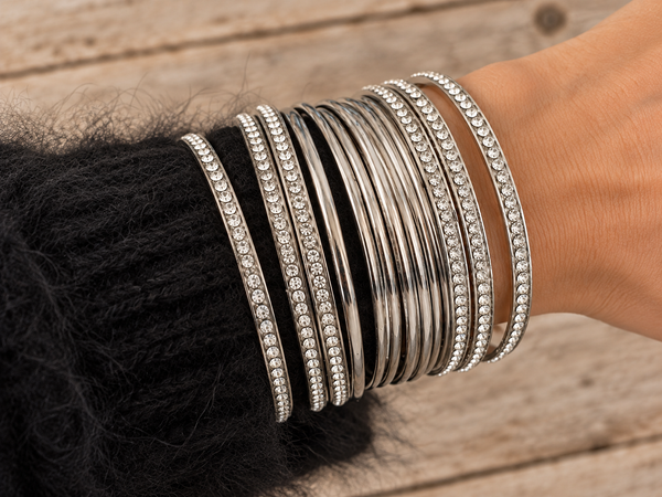 13-Piece Silver Tone Rhinestone & Polished Bangle Bracelet Set