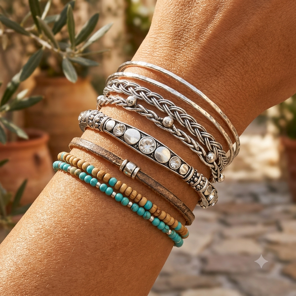 Close-up of a wrist wearing multiple bracelets with a blurred outdoor background
