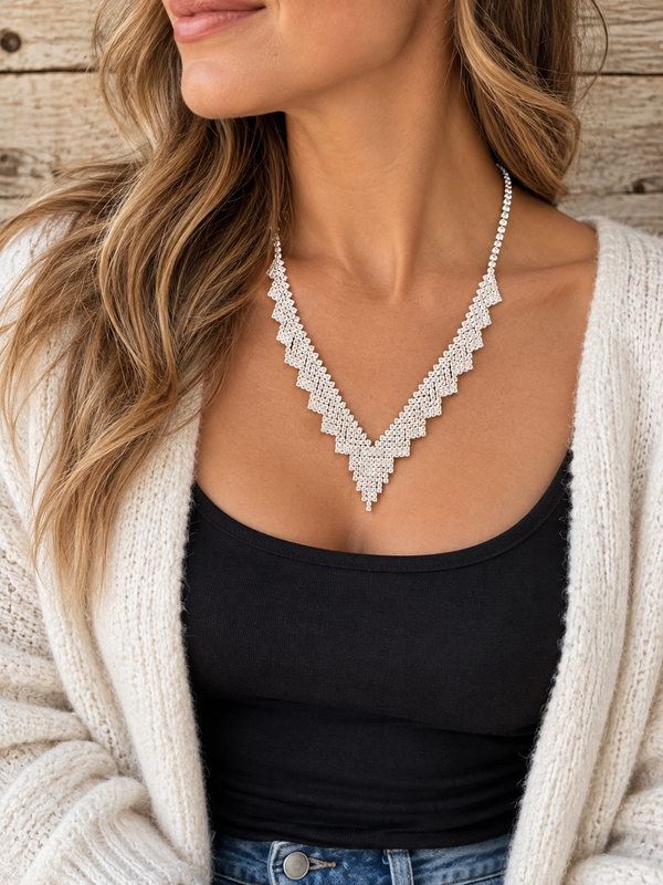 Clear Rhinestone V-Shaped Statement Necklace & Bracelet Set