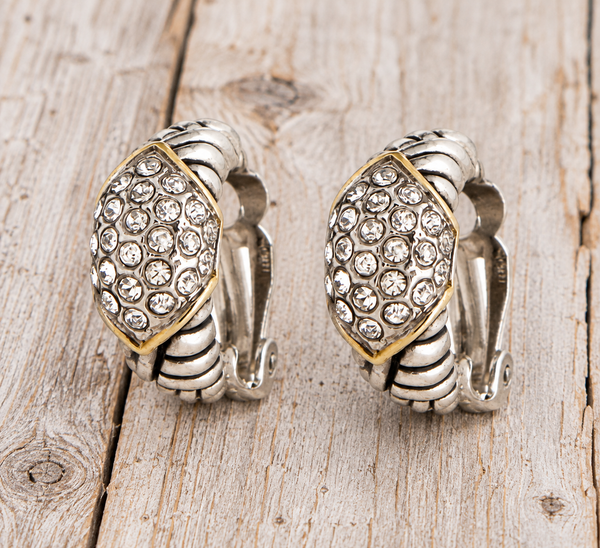 Two-Tone Crystal Pavé Clip-On Hoop Earrings – Vintage Silver & Gold