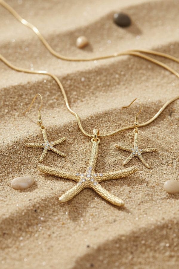 Gold Starfish Pendant Necklace & Earrings Set
