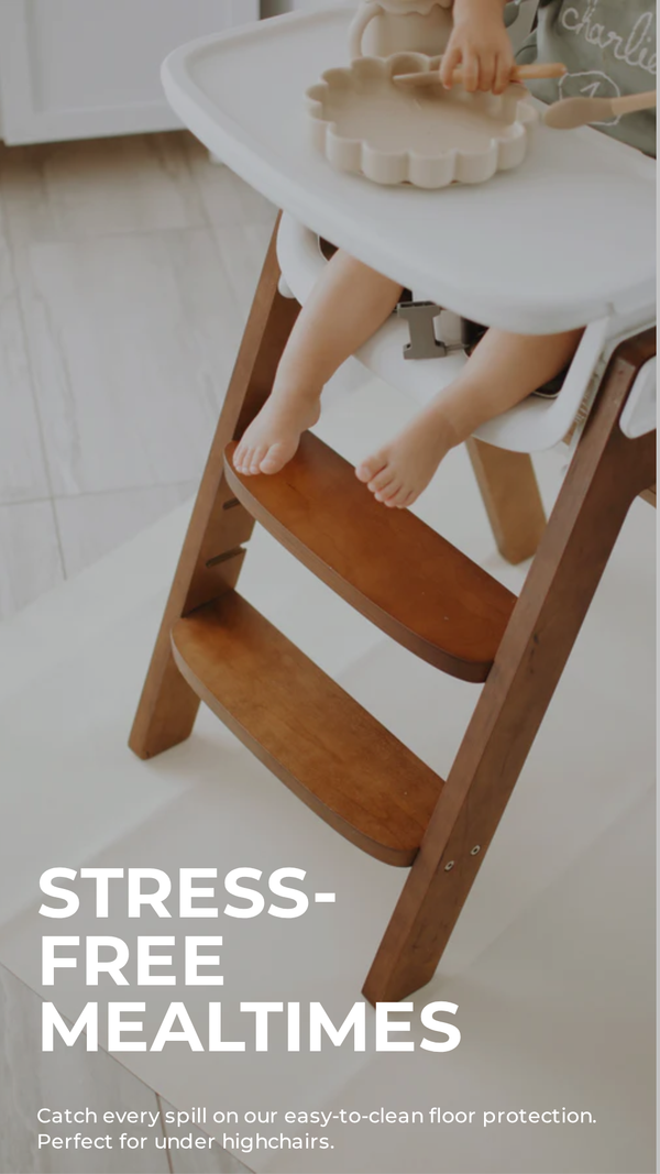 Child using a wooden high chair with text about stress-free mealtimes.