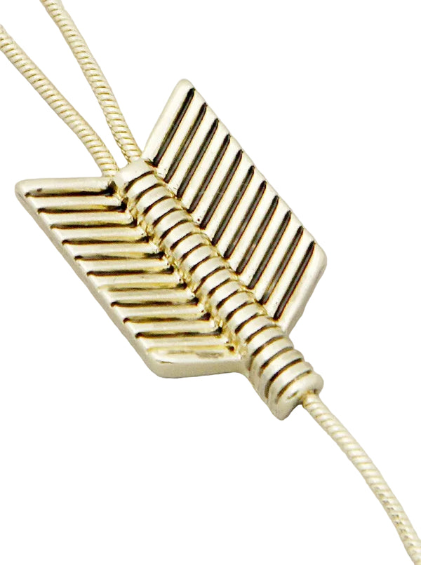 Gold arrow-shaped pendant on a chain against a light gray background