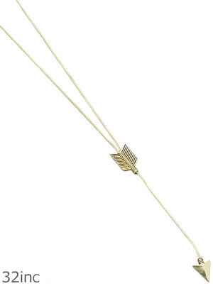 Gold necklace with a leaf-shaped pendant on a light gray background