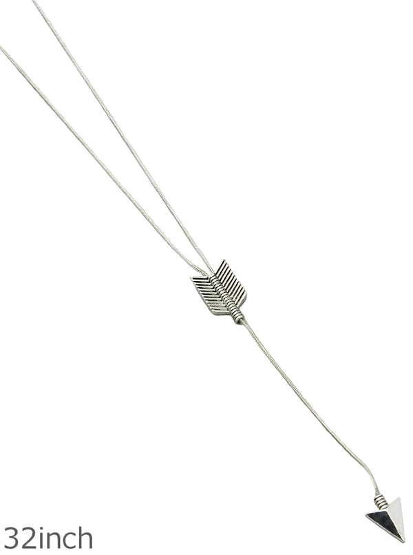 Silver necklace with an arrow pendant on a light gray background