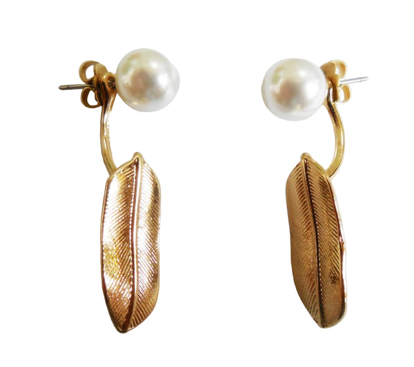Gold feather-shaped earrings with pearl-like beads on a white background