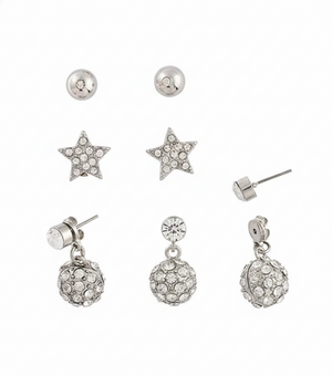 Set of silver earrings including star-shaped, ball, and drop designs on a white background