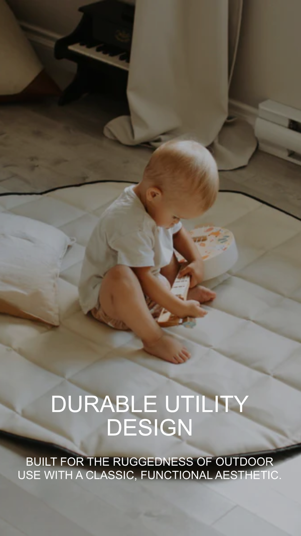 Baby sitting on a mattress with text about durable utility design