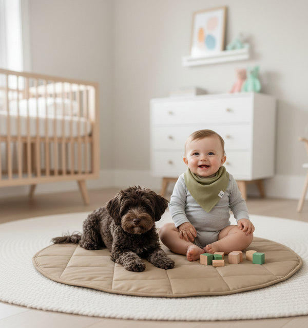 Baby sitting on a mat with a dog and blocks in a nursery