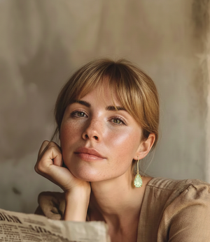 Woman reading a newspaper with a neutral background