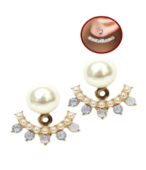 Pearl and gemstone earrings with close-up inset on a white background