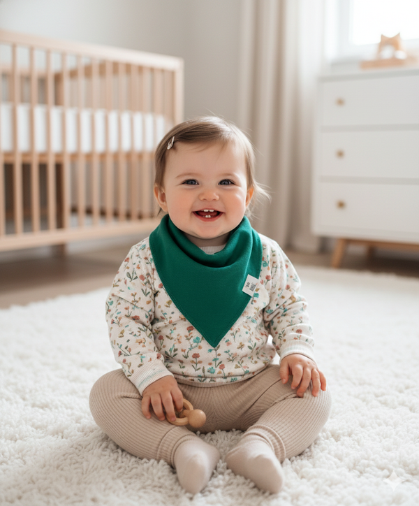 Baby sitting on a white rug in a nursery with a crib and dresser in the background.