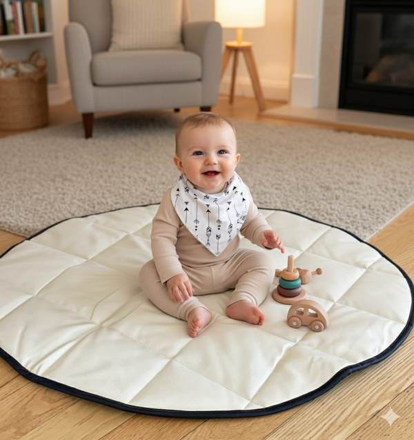 Baby sitting on a round play mat in a living room with toys around