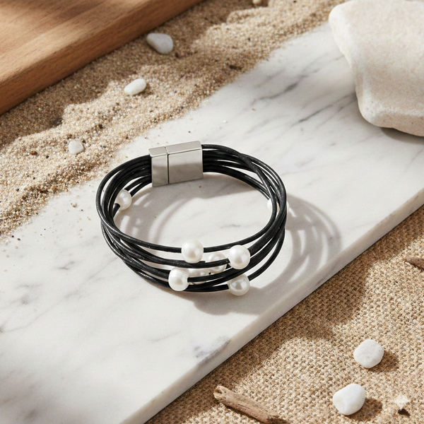Black leather bracelet with white beads on a marble surface with sand and stones.